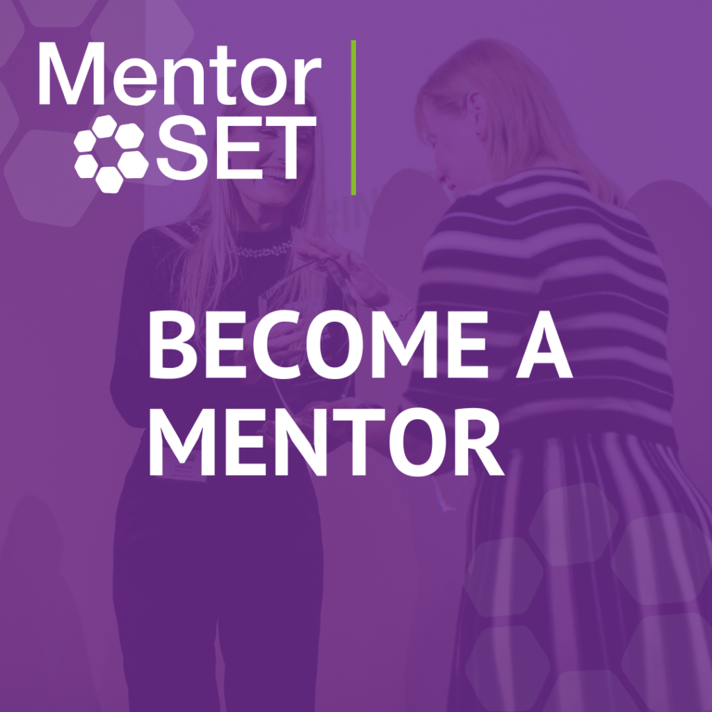 Purple block with text saying become a mentor