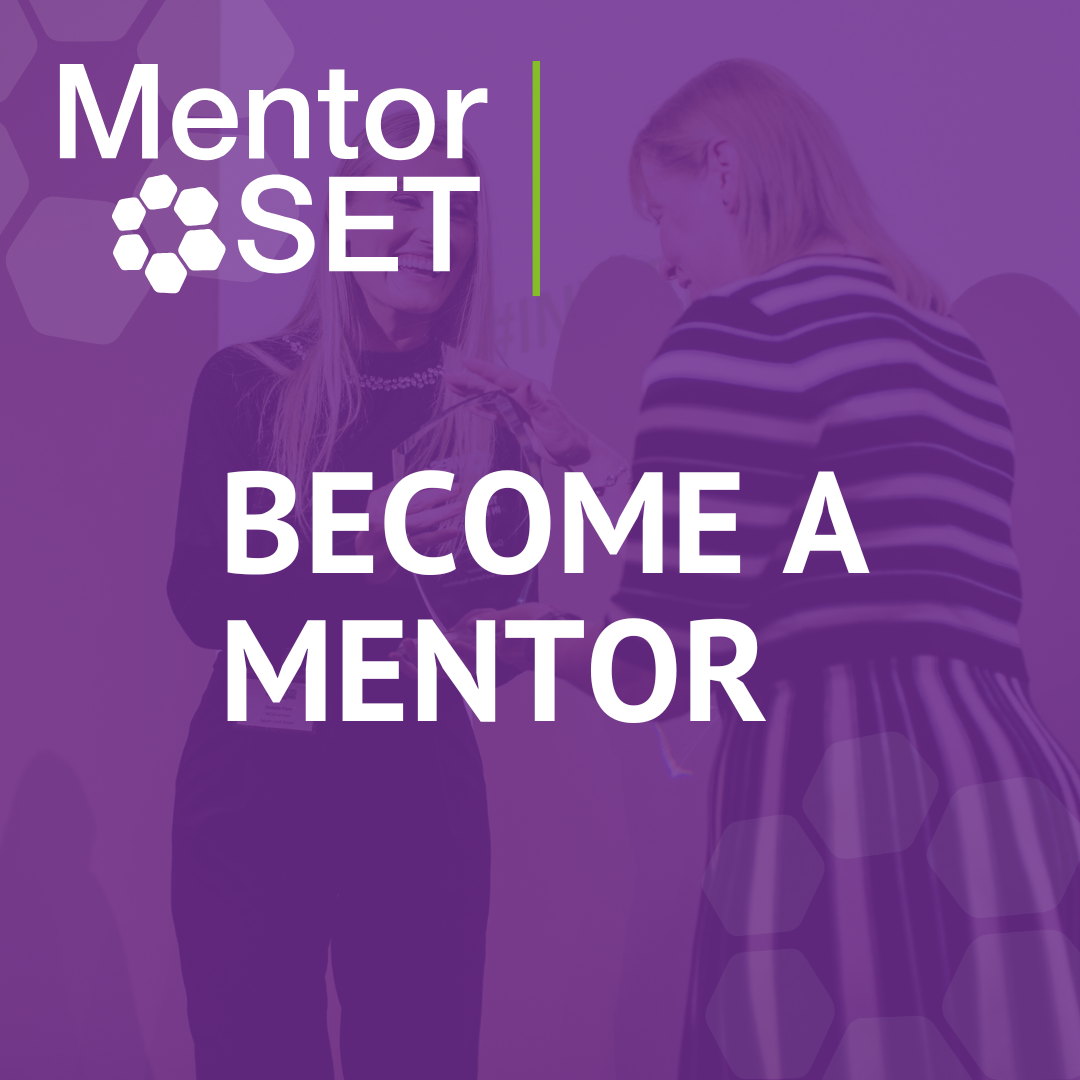 Purple block with linked text saying become a mentor